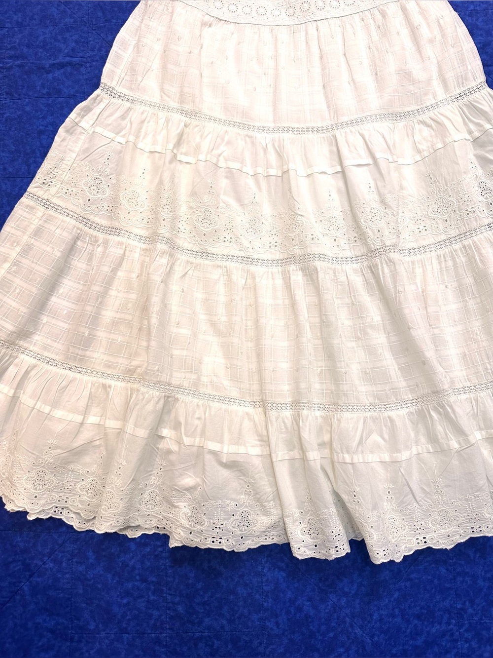 Ivory White Eyelet Lace Maxi Skirt Womens 10 Cottagecore Boho Tiered Long Cotton - Picture 2 of 12